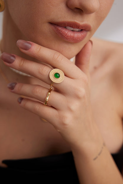 DOUBLE&LL Vintage Adjustable Open Ring - 925 Sterling Silver 18k Gold Plated Gemstone Ring, Green Chalcedony Intricate Woven Design Elegant Jewelry