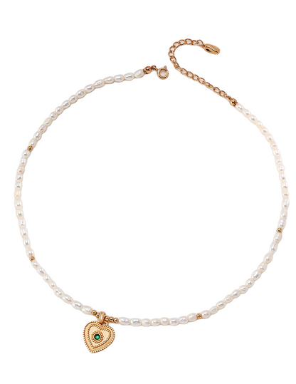 DOUBLE&LL Women's Heart Pendant Necklace,Natural Pearl & Zircon,18K Gold Plated -925 Sterling Silver,Vintage Birthstone Gift for Her