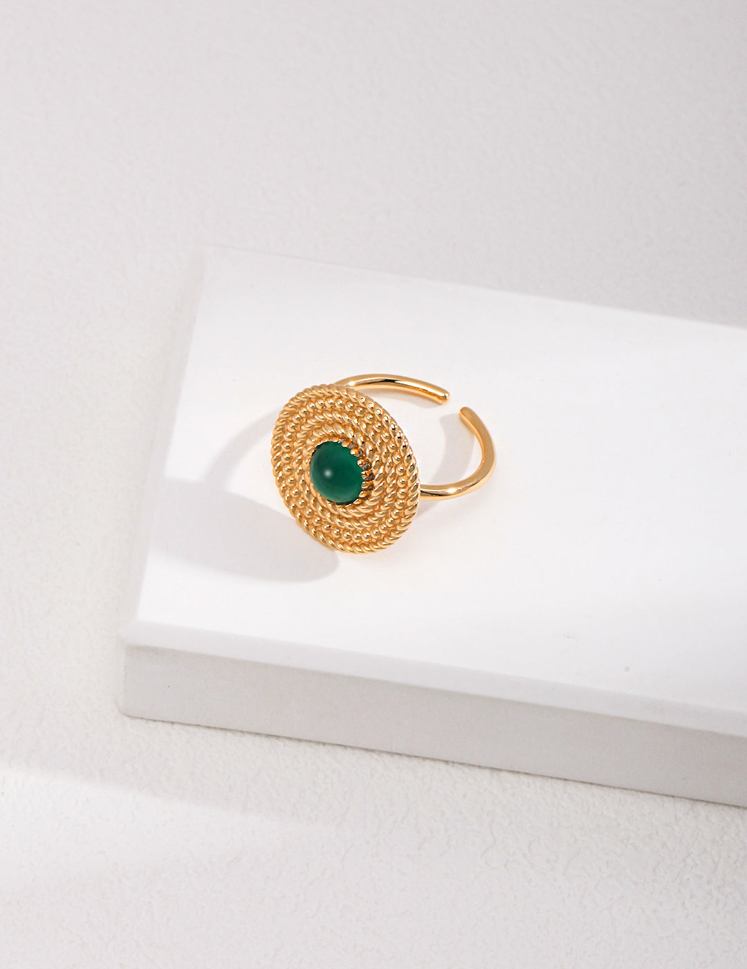 DOUBLE&LL Vintage Adjustable Open Ring - 925 Sterling Silver 18k Gold Plated Gemstone Ring, Green Chalcedony Intricate Woven Design Elegant Jewelry