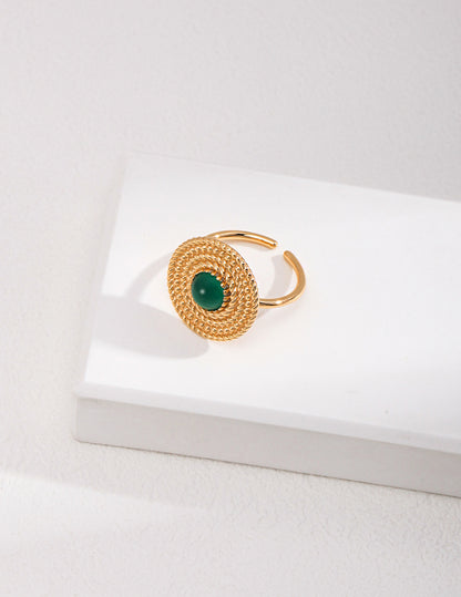 DOUBLE&LL Vintage Adjustable Open Ring - 925 Sterling Silver 18k Gold Plated Gemstone Ring, Green Chalcedony Intricate Woven Design Elegant Jewelry
