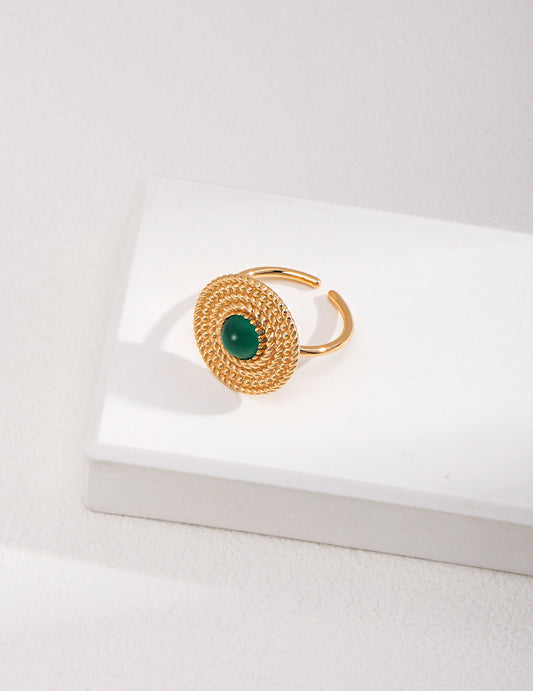 DOUBLE&LL Vintage Adjustable Open Ring - 925 Sterling Silver 18k Gold Plated Gemstone Ring, Green Chalcedony Intricate Woven Design Elegant Jewelry