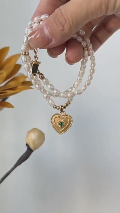 DOUBLE&LL Women's Heart Pendant Necklace,Natural Pearl & Zircon,18K Gold Plated -925 Sterling Silver,Vintage Birthstone Gift for Her
