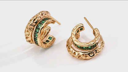 DOUBLE&LL Tiered Green Cubic Zirconia Earrings - 18K Gold Plated S925 Sterling Silver Statement Drops | Minimalist Baroque Chandelier